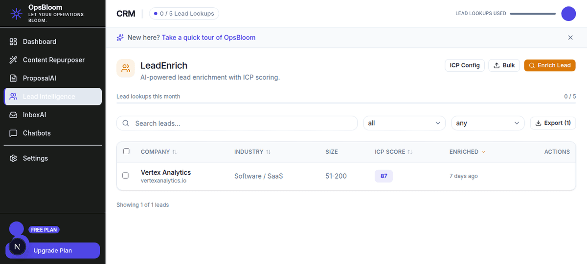 LeadEnrich leads table showing company names, industries, ICP scores, and enrichment dates